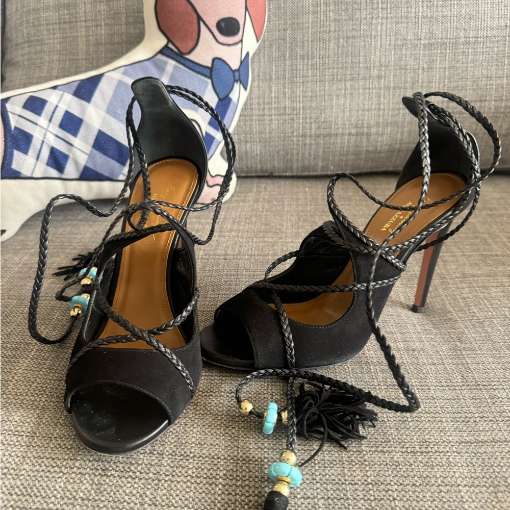 Aquazzura Black Suede And Leather Ankle Wrap Hero Sandals Size 36